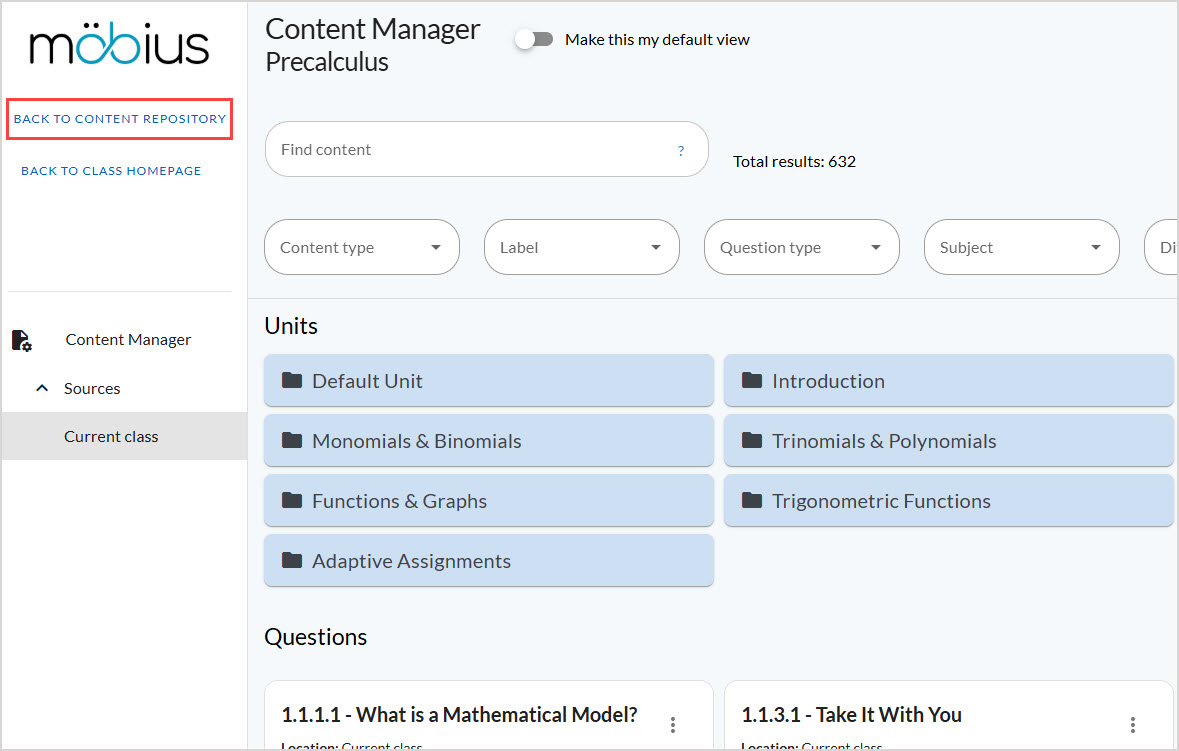 The Back to Content Repository link is on the left pane of the Content Manager.